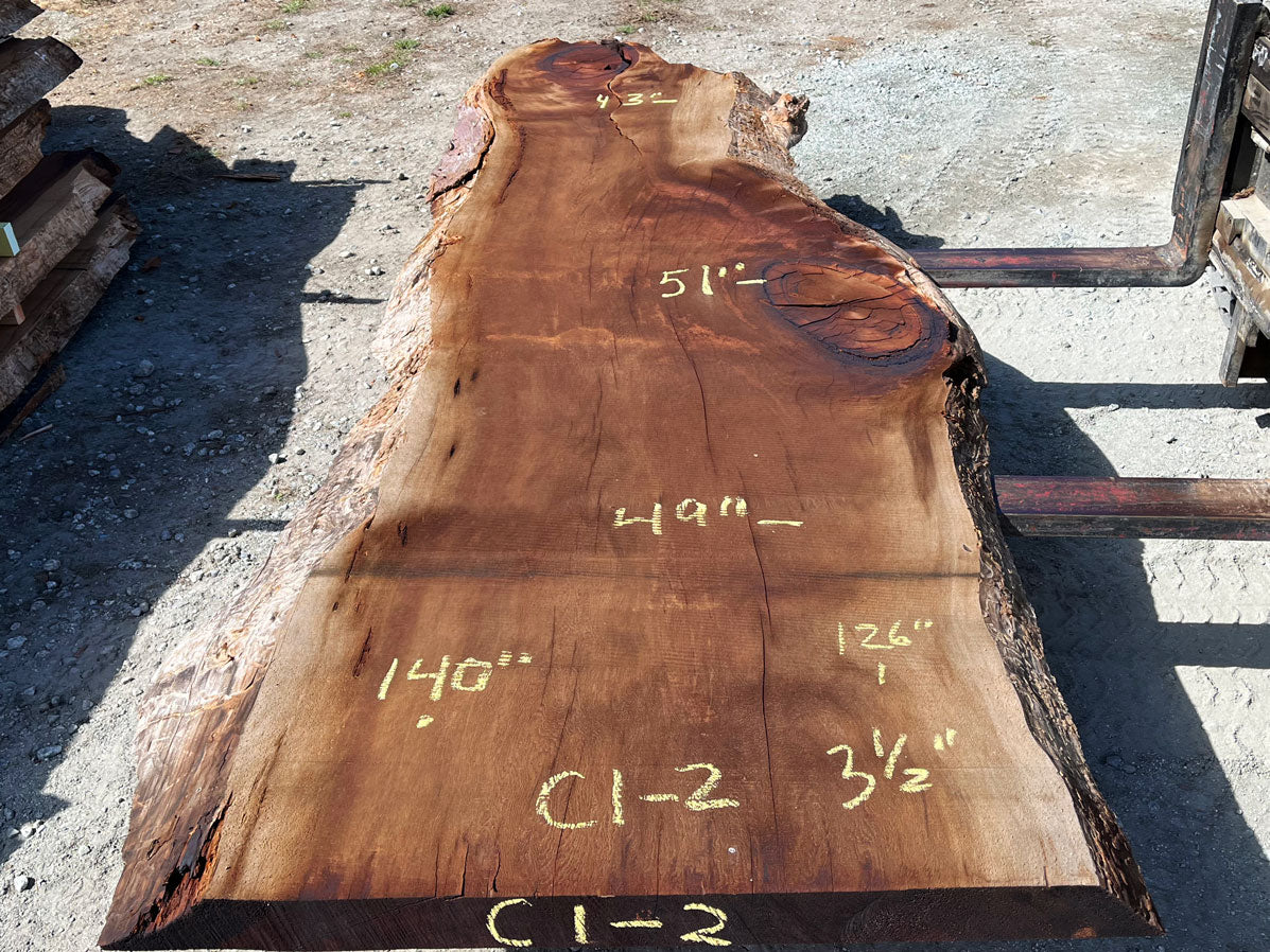 Giant Sequoia Live Edge Slab – 11.67' x 51" x 3.5" – Old Growth, Air-Dried – #C1-2