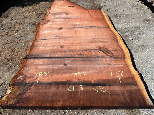 Giant Sequoia Live Edge Slab – 15.25' x 82" x 3.25" – Old Growth, Air-Dried – #C1-8