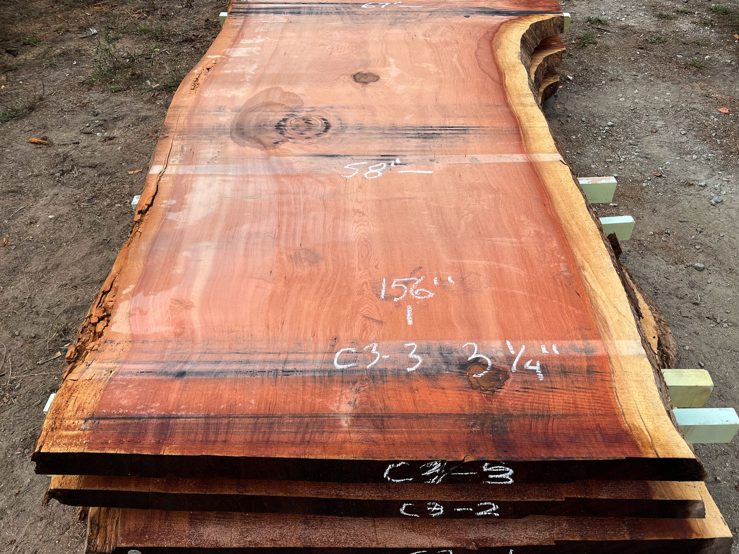 Giant Sequoia Live Edge Slab – 13' x 67" x 3.25" – Old Growth, Air-Dried – #C3-3