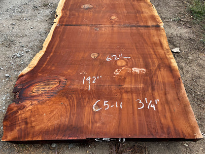 Giant Sequoia Live Edge Slab – 16' x 62" x 3.25" – Old Growth, Air-Dried – #C5-11
